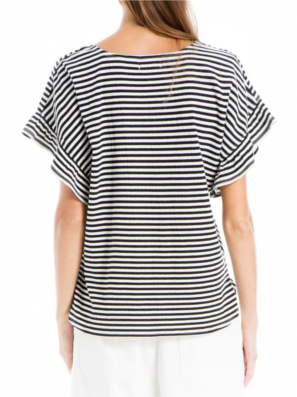 Max Studio XL Navy Ivory Stripe Flutter Sleeve V-Neck Top NWT - Picture 2 of 10